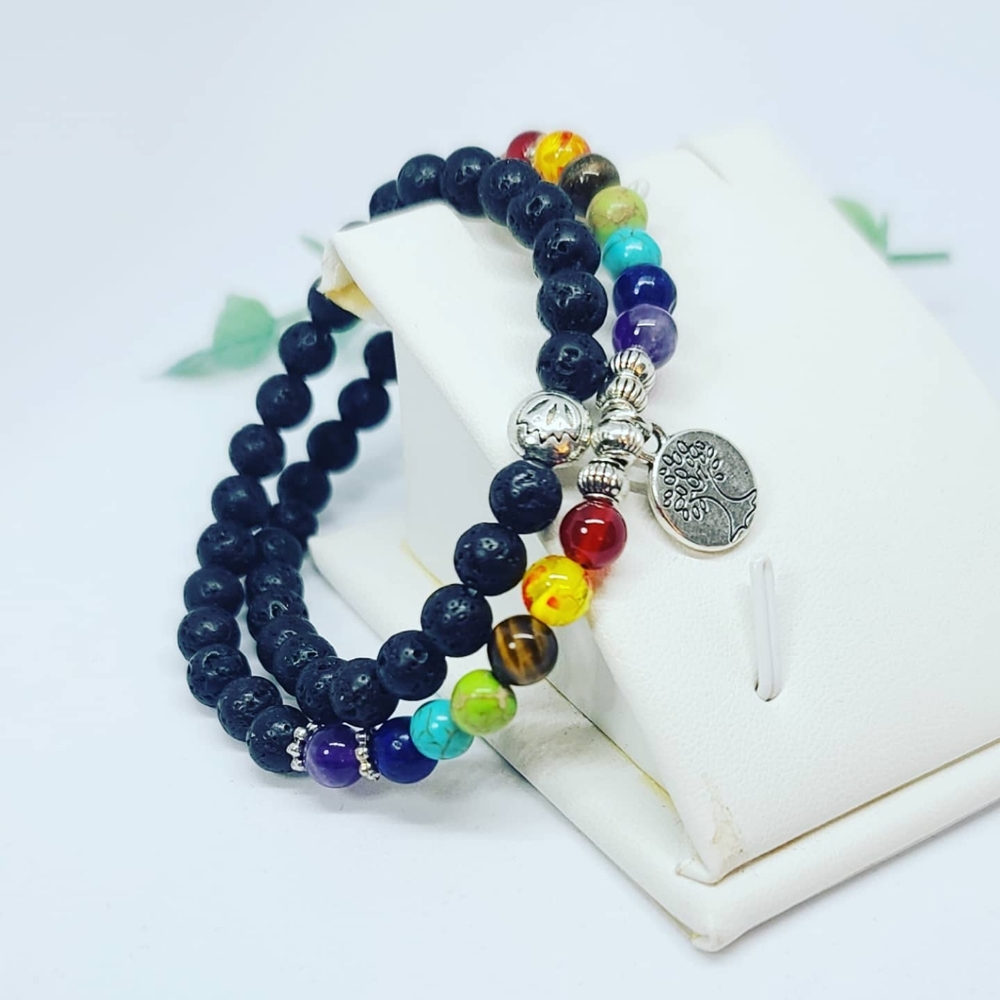 Lava Stone, 7 chakra Crystals Double bracelet tree of life charm🤩